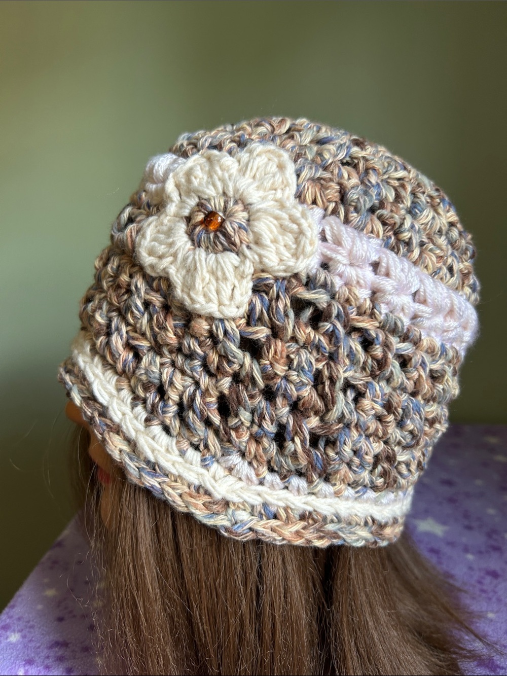 Crocheted Flower comfy cotton Beanie Hat - Cream & Tan blend medium